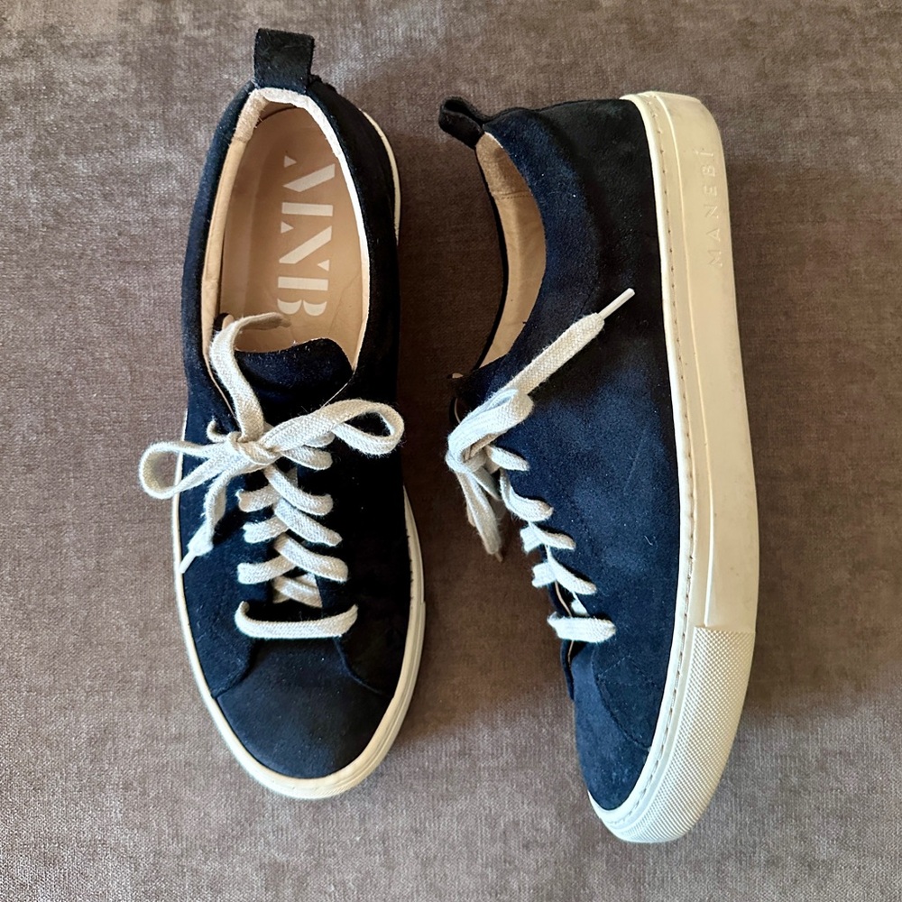 MANEBI Men’s Black Suede Travel Sneakers with White Soles Size 43 9.5